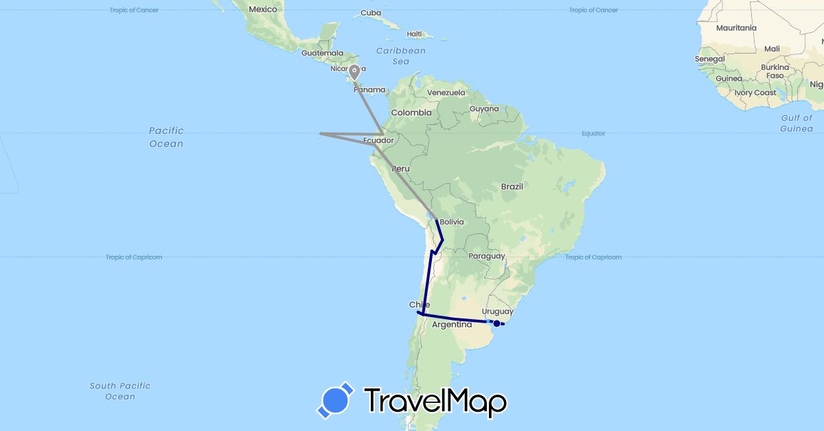 TravelMap itinerary: driving, plane, boat in Argentina, Bolivia, Chile, Costa Rica, Ecuador, Uruguay (North America, South America)